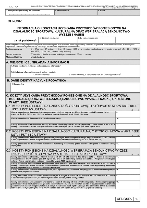CIT-CSR (1) Informacja o kosztach uzyskania przychodów poniesionych na działalność sportową, kulturalną oraz wspierającą szkolnictwo wyższe i naukę