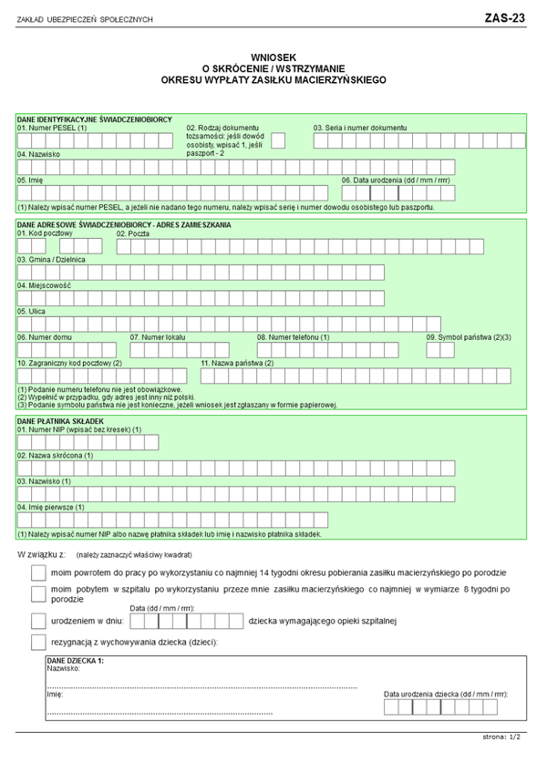 ZUS ZAS-23 (archiwalny) Wniosek o skrócenie/wstrzymanie okresu wypłaty zasiłku macierzyńskiego