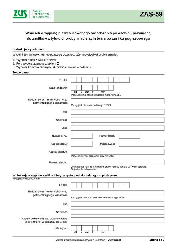 ZUS ZAS-59 Wniosek o wypłatę niezrealizowanego świadczenia po osobie uprawnionej do zasiłków z tytułu choroby, macierzyństwa albo zasiłku pogrzebowego - wersja papierowa