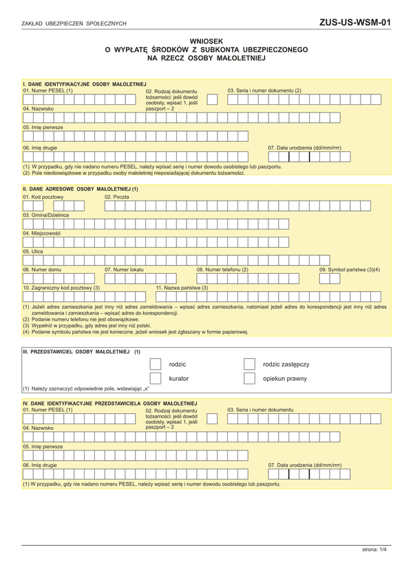 ZUS-US-WSM-01 (archiwalny) Wniosek o wypłatę środków z subkonta ubezpieczonego na rzecz osoby małoletniej