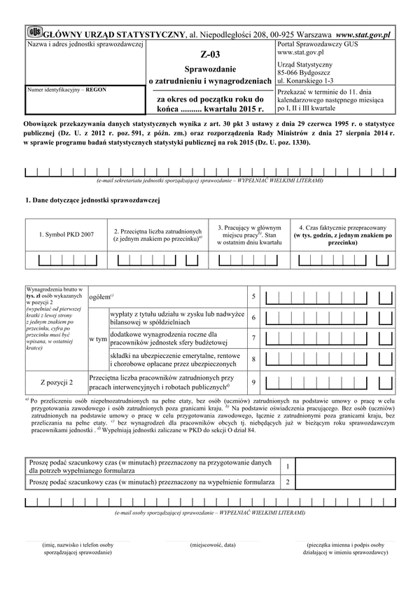 GUS Z-03 (2015) (archiwalny) Sprawozdanie o zatrudnieniu i wynagrodzeniach