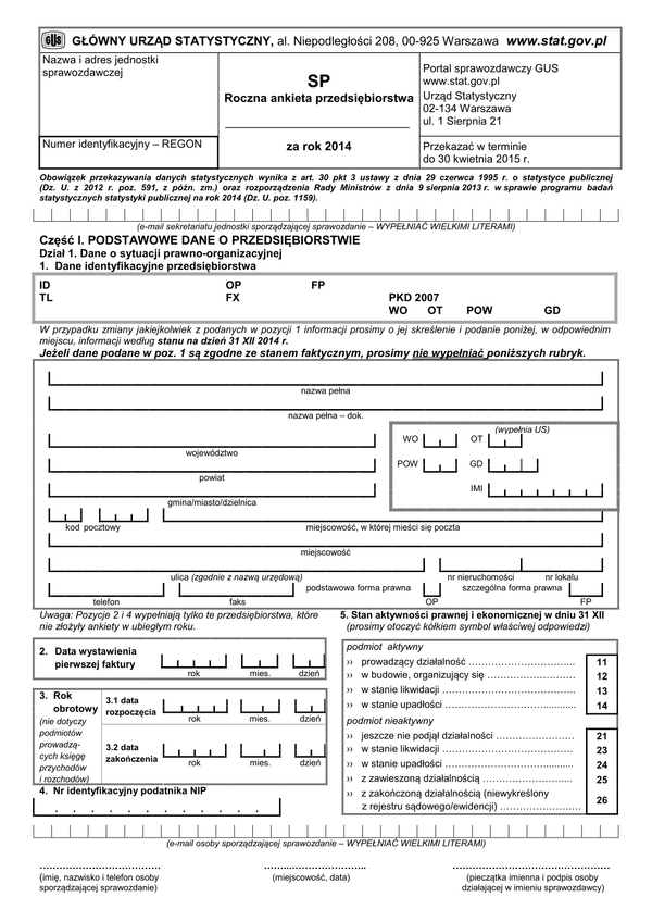 GUS SP (2014) (archiwalny) Roczna ankieta przedsiębiorstwa za rok 2014
