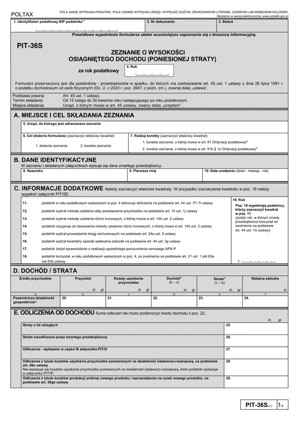 PIT-36S (31) (2023) Zeznanie o wysokości osiągniętego dochodu (poniesionej straty) 