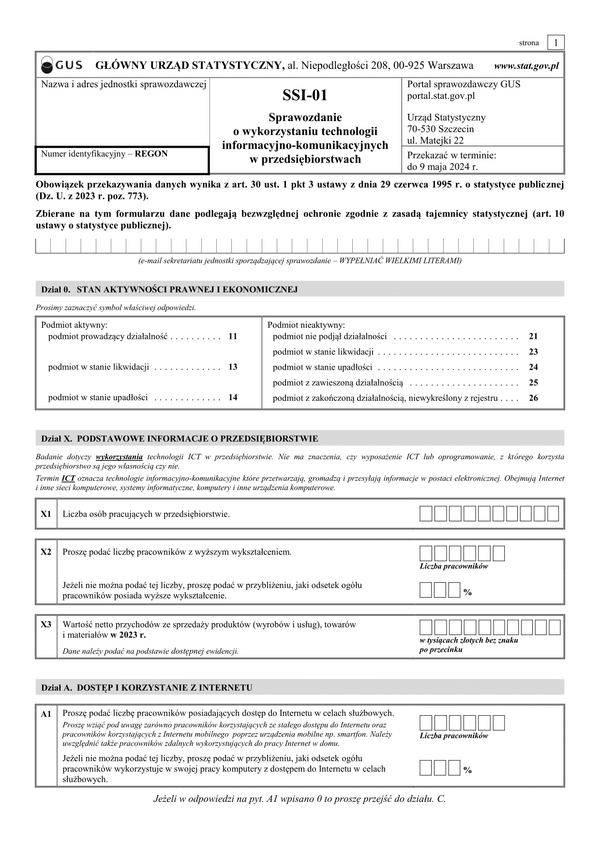 GUS SSI-01 (2024) Sprawozdanie o wykorzystaniu technologii informacyjno-telekomunikacyjnych w przedsiębiorstwach