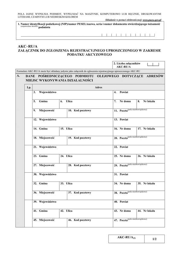 AKC-RU/A Załącznik do zgłoszenia rejestracyjnego uproszczonego w zakresie podatku akcyzowego