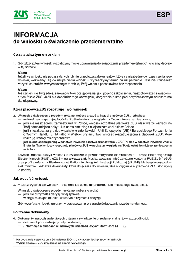 ZUS ESP Inf Informacja do wniosku o świadczenie przedemerytalne