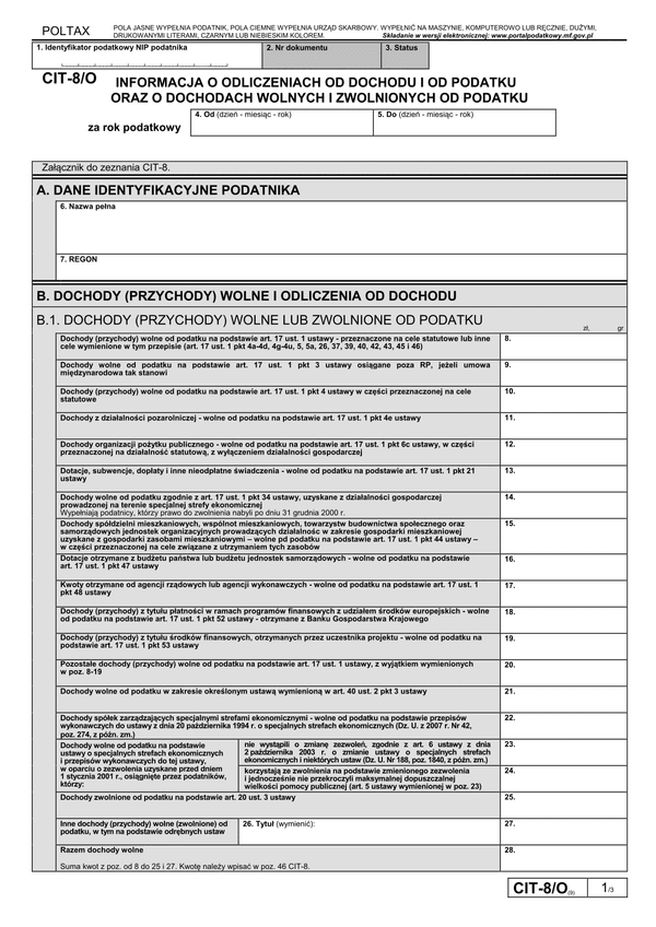 CIT-8/O (9) (archiwalny) Informacja o odliczeniach od dochodu i od podatku oraz o dochodach wolnych i zwolnionych od podatku