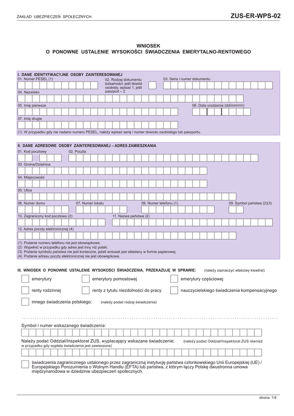 ZUS-ER-WPS-02 (archiwalny) Wniosek o ponowne ustalenie wysokości świadczenia emerytalnego-rentowego 