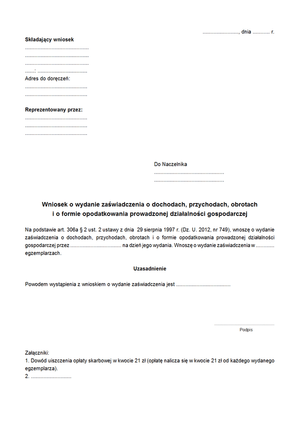 WoDPO-DG Wniosek o wydanie zaświadczenia o dochodach, przychodach, obrotach i o formie opodatkowania prowadzonej działalności gospodarczej