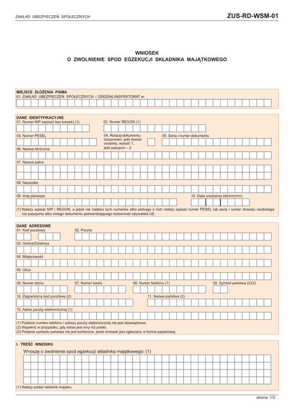 ZUS-RD-WSM-01 (archiwalny) Wniosek o zwolnienie spod egzekucji składnika majątkowego