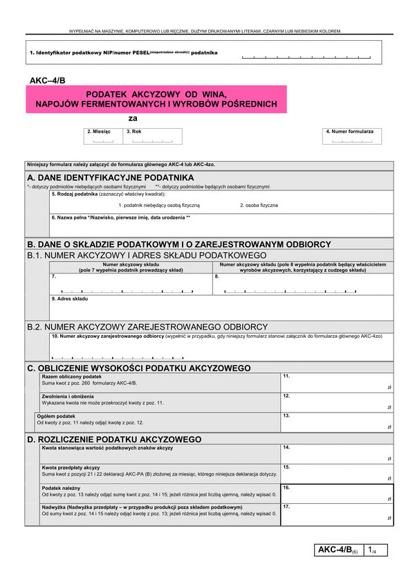 AKC-4/B (6) (archiwalny) Podatek akcyzowy od wina, napojów fermentowanych i wyrobów pośrednich 