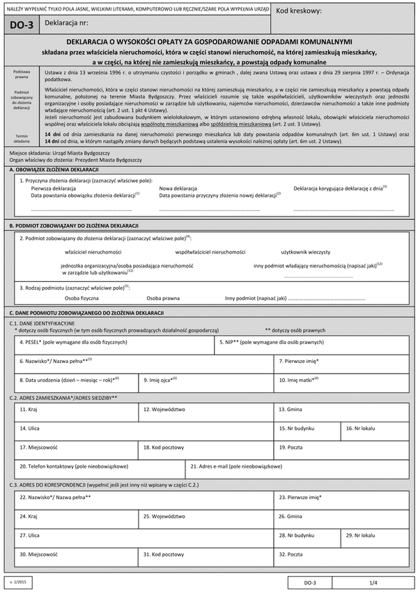 DO-3 B (2) (archiwalny) Deklaracja o wysokości opłaty za gospodarowanie odpadami komunalnymi składana przez właściciela nieruchomości, która w części stanowi nieruchomość, na której zamieszkują mieszkańcy