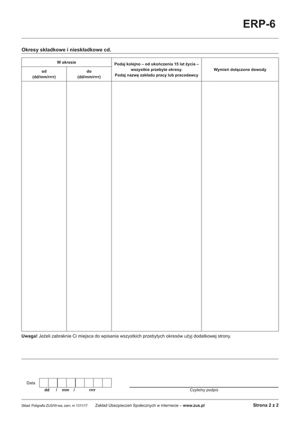 ZUS ERP-6  zal (archiwalny) Informacja dotycząca okresów składkowych i nieskładkowych - załącznik
