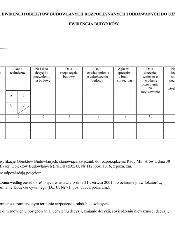 EOBR-BD Wzór ewidencji obiektów budowlanych rozpoczynanych i oddawanych do użytkowania, ewidencja budynków