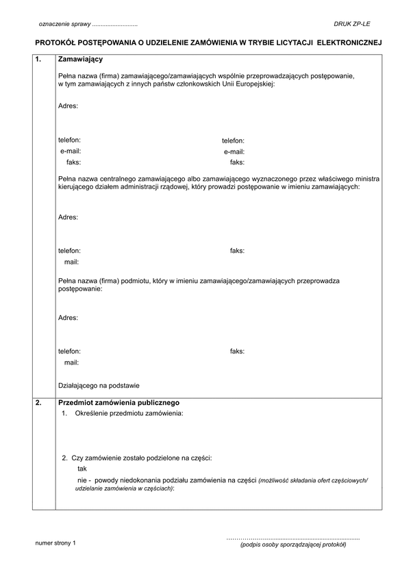 ZP-LE Protokół postępowania o udzielenie zamówienia w trybie licytacji elektronicznej