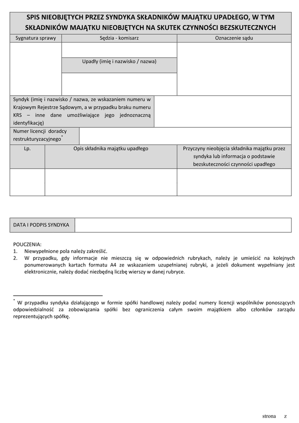 SNPS Spis nieobjętych przez syndyka składników majątku upadłego, w tym składników majątku nieobjętych na skutek czynności bezskutecznych