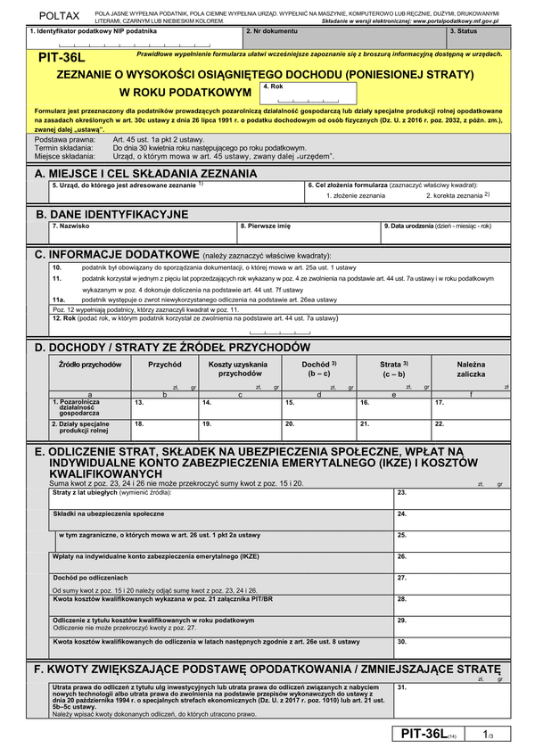 PIT-36L (14) (archiwalny) (2018) Zeznanie o wysokości osiągniętego dochodu (poniesionej straty) 