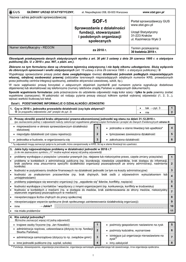 GUS SOF-1 (archiwalny) (2018) Sprawozdanie z działalności fundacji, stowarzyszeń i podobnych organizacji społecznych za rok 2018