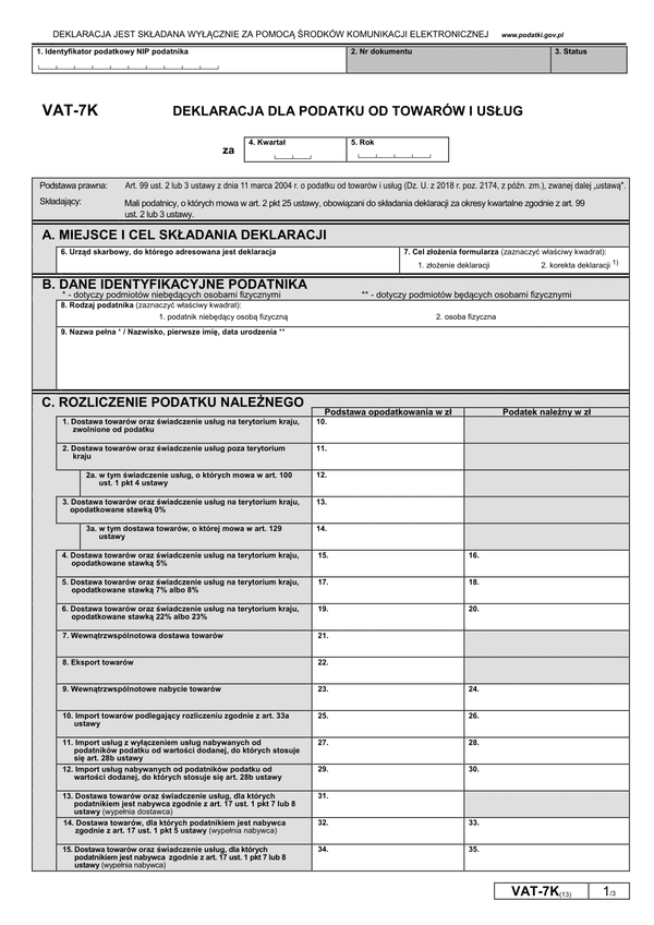 CzVAT-7K (13) (archiwalny) Gminne (samorządowe) jednostki budżetowe - deklaracja VAT-7K częściowa (do przekazania organom gminy celem stworzenia łącznej deklaracji VAT)  