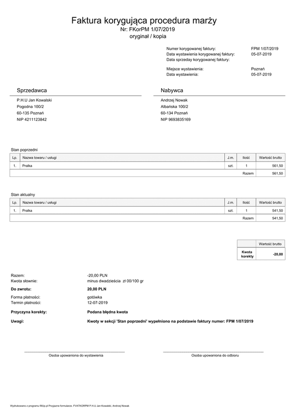 FKorPM Faktura korygująca procedura marży