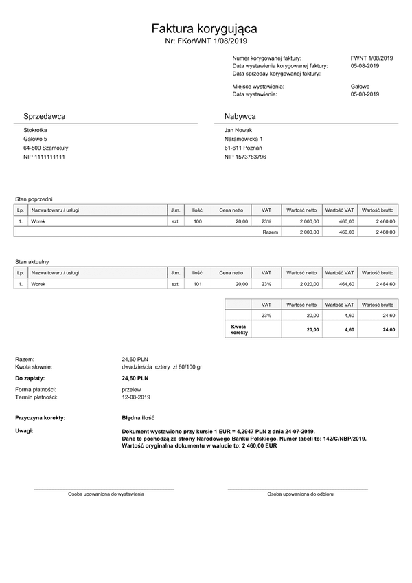 FkorWNT (archiwalny) Faktura korygująca wewnątrzwspólnotowe nabycie towarów