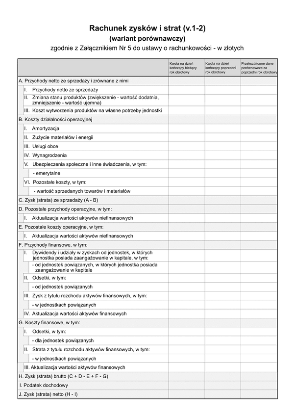 SFJMAZ RZiS-WP (v.1-2) Rachunek zysków i strat (wariant porównawczy) - zgodnie z Załącznikiem Nr 5 do ustawy o rachunkowości (jednostka mała) w złotych - z wysyłką pliku xml JPK_SF 