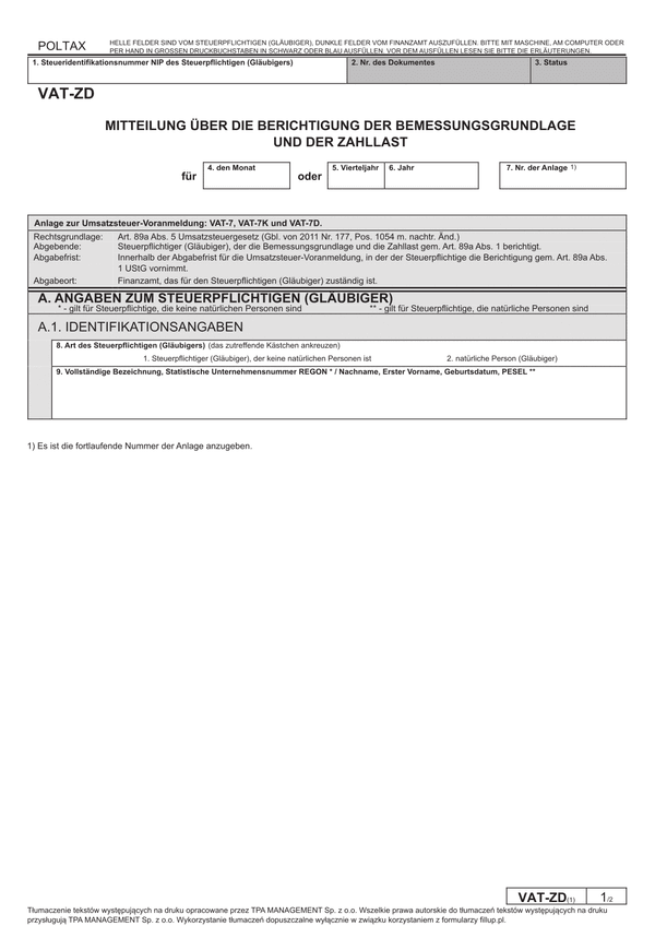 VAT-ZD (1) - w. niem. (archiwalny) MITTEILUNG ÜBER DIE BERICHTIGUNG DER BEMESSUNGSGRUNDLAGE  UND DER ZAHLLAST