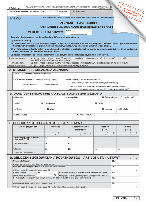 PIT-38 (14) (archiwalny) (2019) Zeznanie o wysokości osiągniętego dochodu (poniesionej straty)