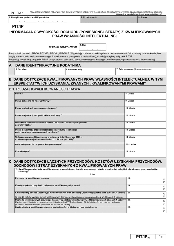 PIT/IP (1) (archiwalny) (2019) Informacja o wysokości dochodu (poniesionej straty) z kwalifikowanych praw własności intelektualnej
