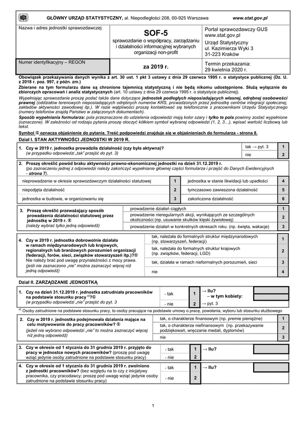 GUS SOF-5 (archiwalny) (2019) Sprawozdanie o współpracy, zarządzaniu i działalności informacyjnej wybranych organizacji non-profit