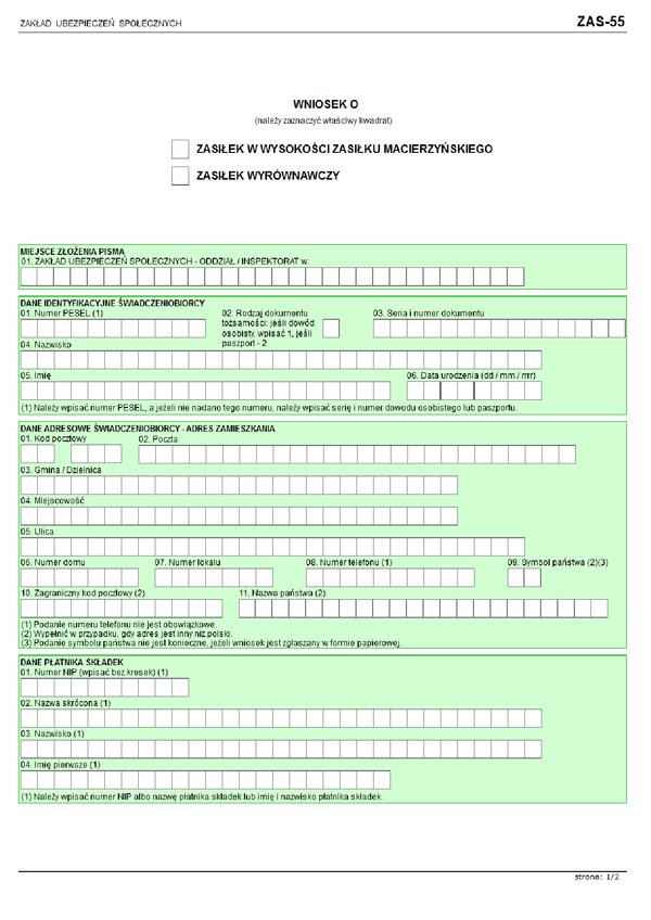 ZUS ZAS-55 (archiwalny) Wniosek o zasiłek w wysokości zasiłku macierzyńskiego i zasiłek wyrównawczy