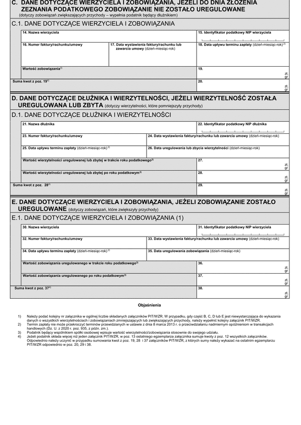 PIT/WZR (1) (archiwalny) (2020) Informacja o wierzytelnościach i zobowiązaniach zmniejszających lub zwiększających podstawę opodatkowania (stratę) wynikających z transakcji handlowych