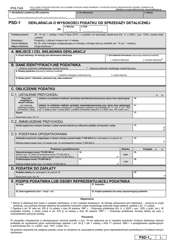 PSD-1 (2) Deklaracja o wysokości podatku od sprzedaży detalicznej