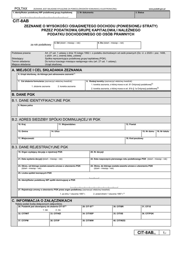 CIT-8AB (5) (archiwalny) Zeznanie o wysokości osiągniętego dochodu (poniesionej straty) przez podatkową grupę kapitałową - podatnika podatku dochodowego od osób prawnych