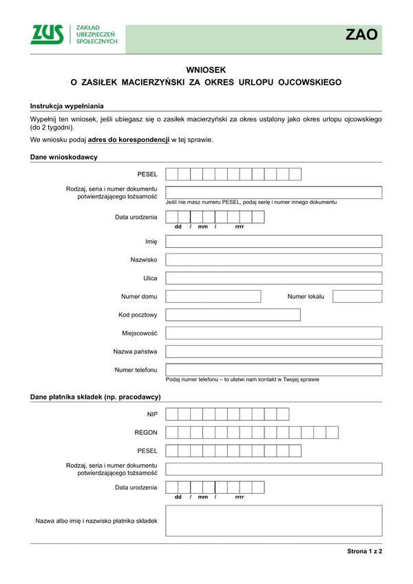 ZUS ZAO (archiwalny) Wniosek o zasiłek macierzyński za okres urlopu ojcowskiego - z wysyłką do PUE ZUS