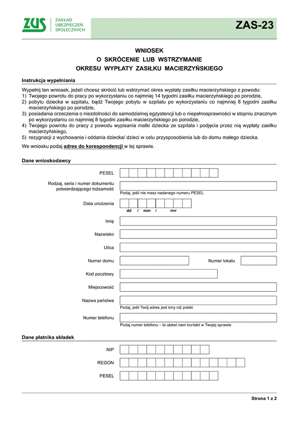 ZUS ZAS-23 (archiwalny) Wniosek o skrócenie/wstrzymanie okresu wypłaty zasiłku macierzyńskiego