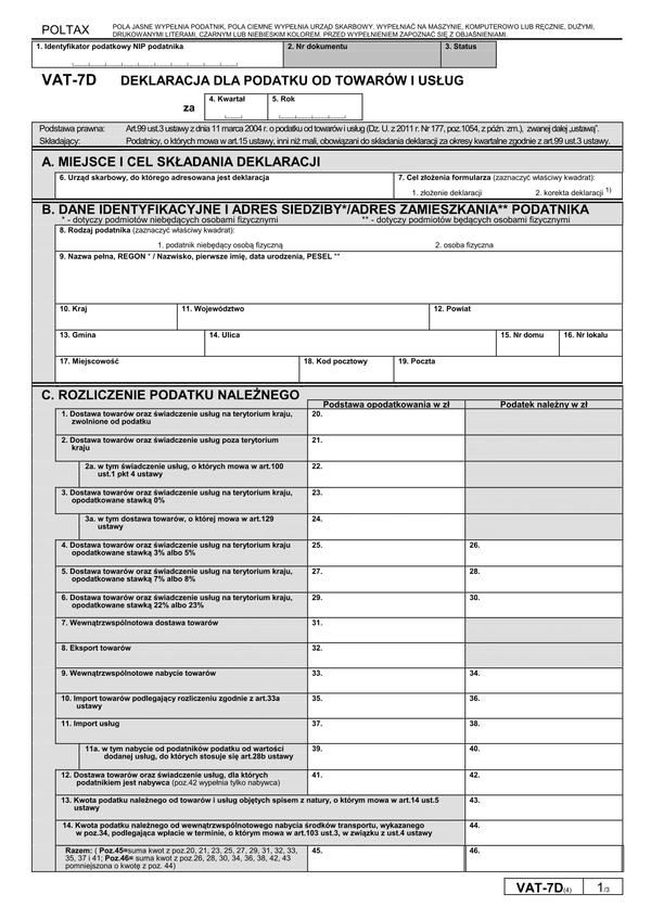 VAT-7D (4) (archiwalny) Deklaracja dla podatku od towarów i usług