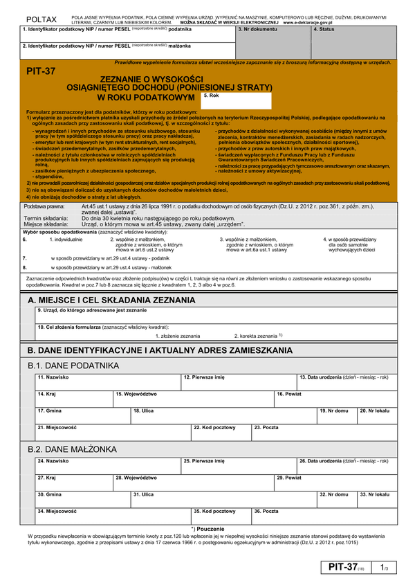 PIT-37 (18) (2012) (archiwalny) Zeznanie o wysokości osiągniętego dochodu (poniesionej straty) w roku podatkowym 