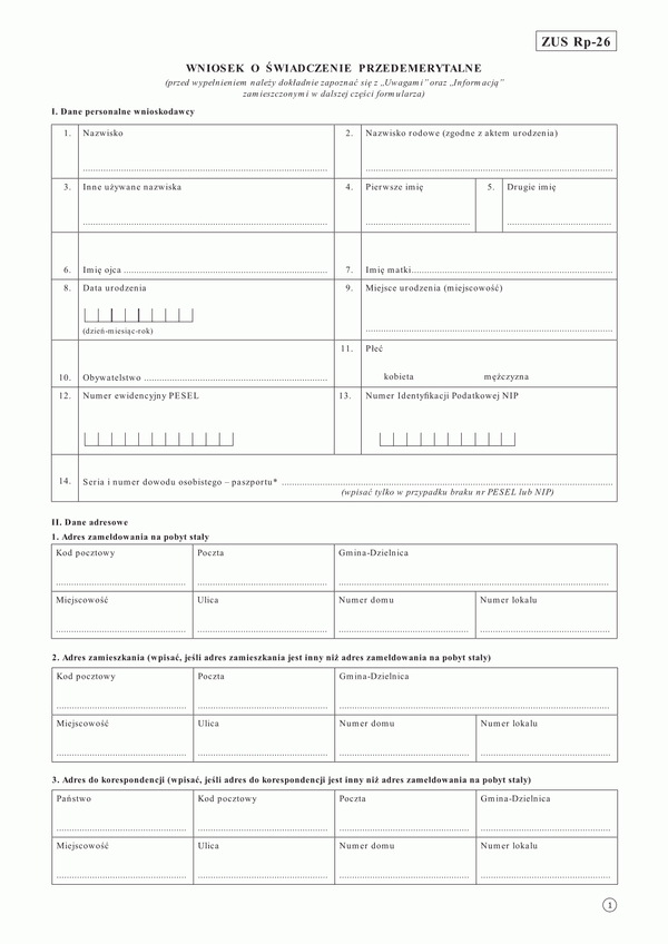 ZUS RP-26 (archiwalny) Wniosek o świadczenie przedemerytalne