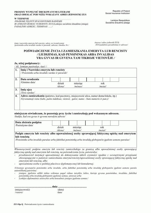ZUS RP-3J (archiwalny) Poświadczenie życia i zamieszkania emeryta lub rencisty (w wersji polsko-litewskiej)