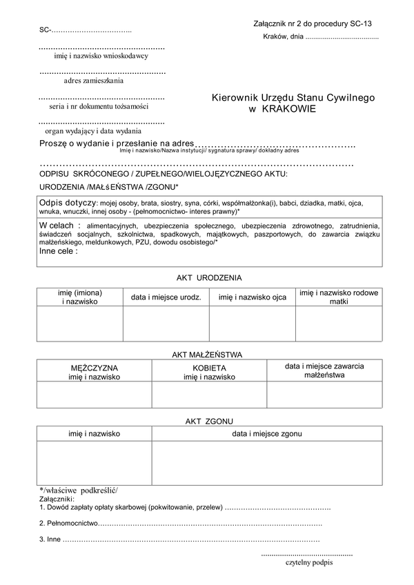 WOWAC-Kr(w) Wniosek o wydanie odpisu z aktu cywilnego - wyslanie na adres Kraków