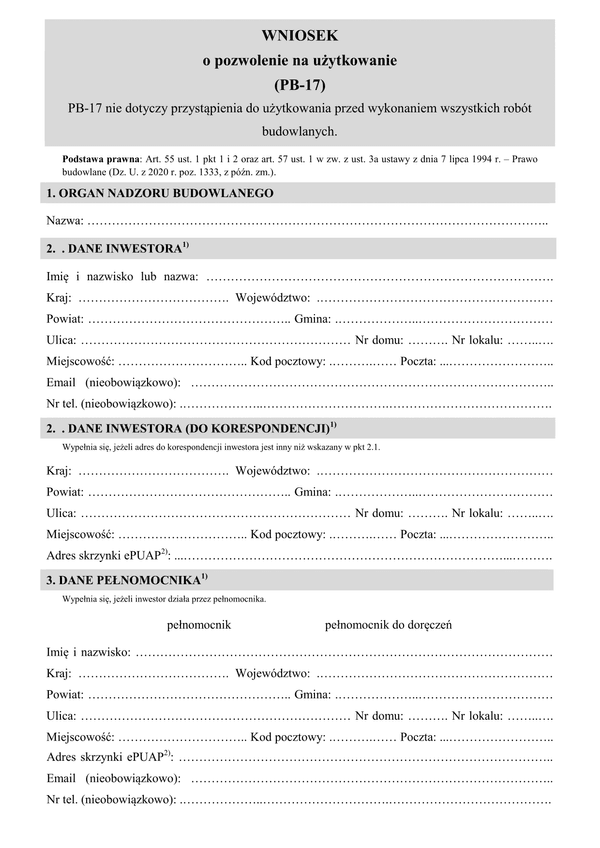 PB-17 Wniosek o pozwolenie na użytkowanie