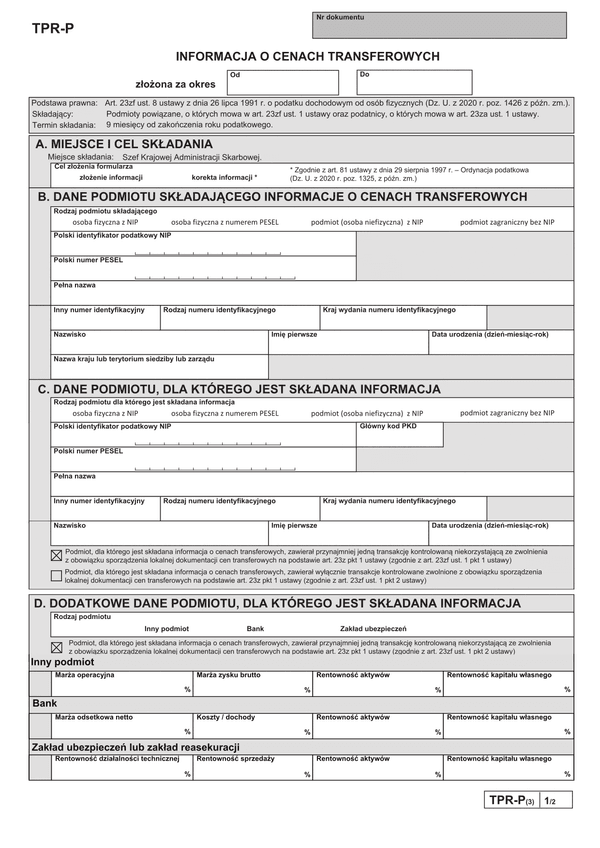 TPR-P  (archiwalny) Informacja o cenach transferowych - podmiot zawierał PRZYNAJMNIEJ JEDNĄ TRANSAKCJĘ kontrolowaną niekorzystającą ze zwolnienia z obowiązku sporządzenia lokalnej dokumentacji cen transferowych