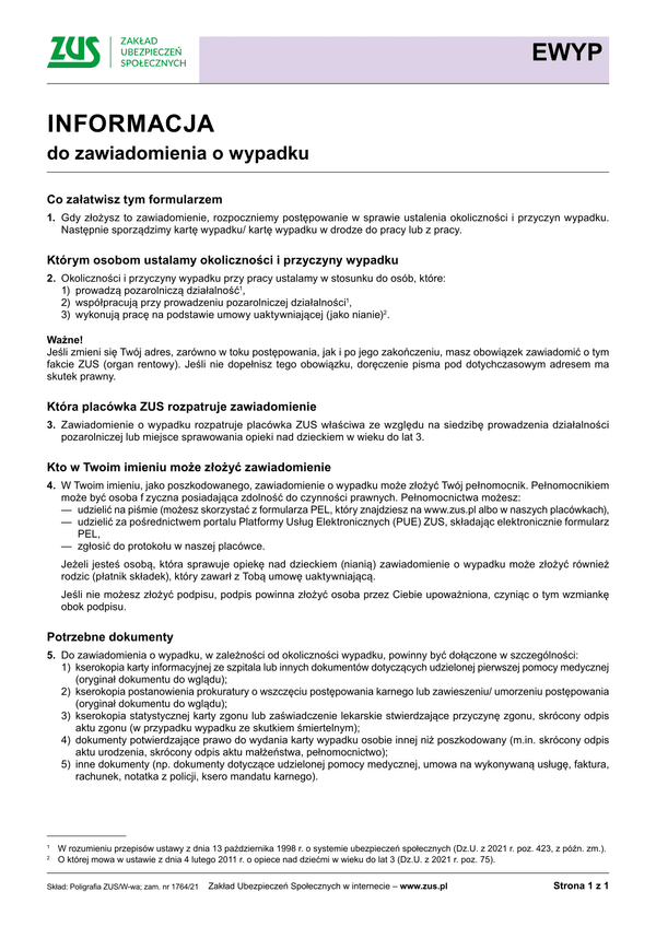 ZUS EWYP-Inf (archiwalny) Informacja do zawiadomienia o wypadku