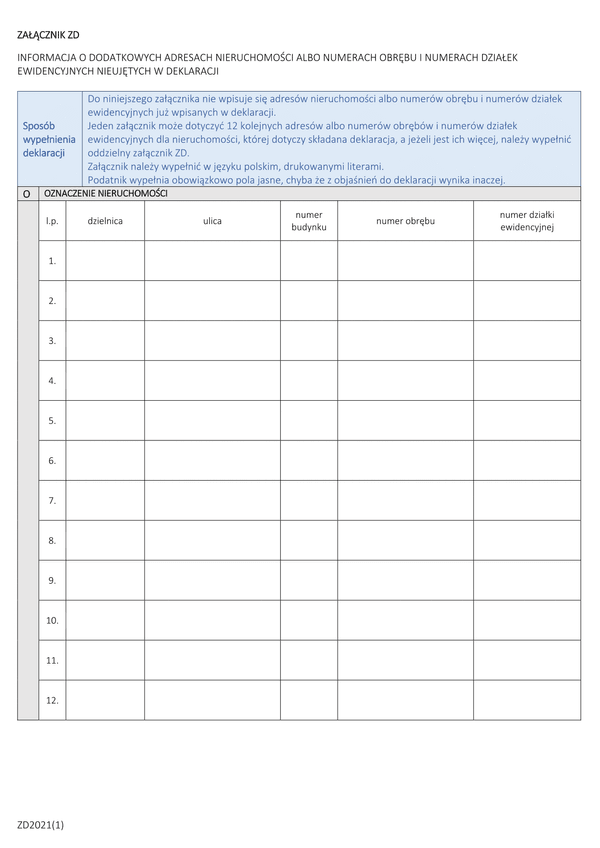 ZD Załącznik do deklaracji DN i DL - Informacja o dodatkowych adresach nieruchomości albo numerach obrębu i numerach działek ewidencyjnych nieujętych w deklaracji