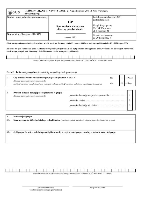 GUS GP (2021) (archiwalny) Sprawozdanie statystyczne dla grup przedsiębiorstw za rok 2021