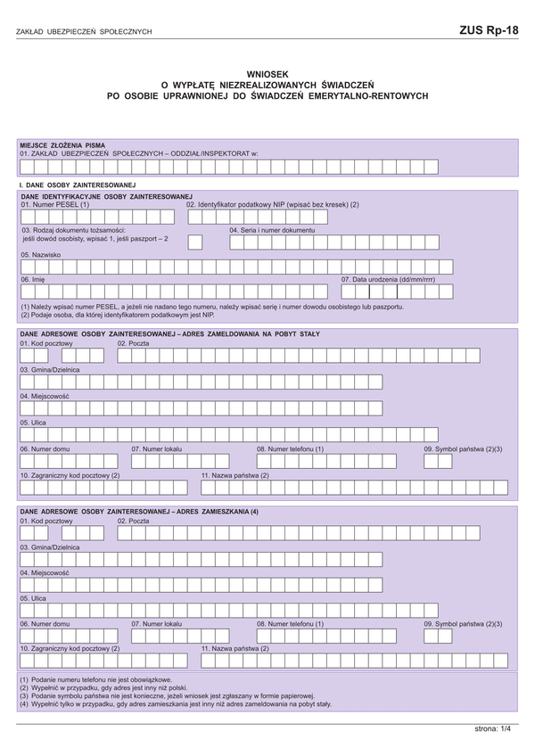 ZUS Rp-18 (archiwalny) Wniosek o wypłatę niezrealizowanych świadczeń po osobie uprawnionej do świadczeń emerytalno-rentowych