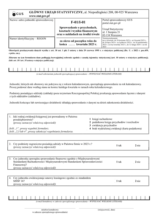 GUS F-01/I-01 (2023) (archiwalny) Sprawozdanie o przychodach, kosztach i wyniku finansowym oraz o nakładach na środki trwałe