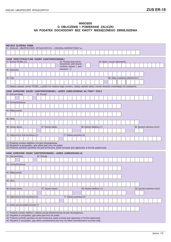 ZUS ER-18 (archiwalny) Wniosek o obliczenie i pobieranie zaliczki na podatek dochodowy bez kwoty miesięcznego zmniejszenia 