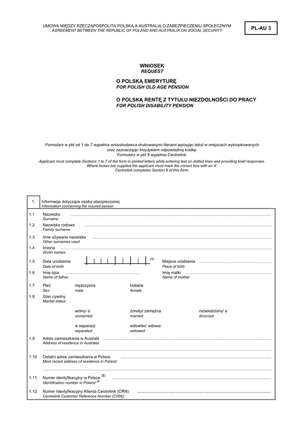 ZUS PL-AU 3 Wniosek o polską emeryturę/rentę z tytułu niezdolności do pracy